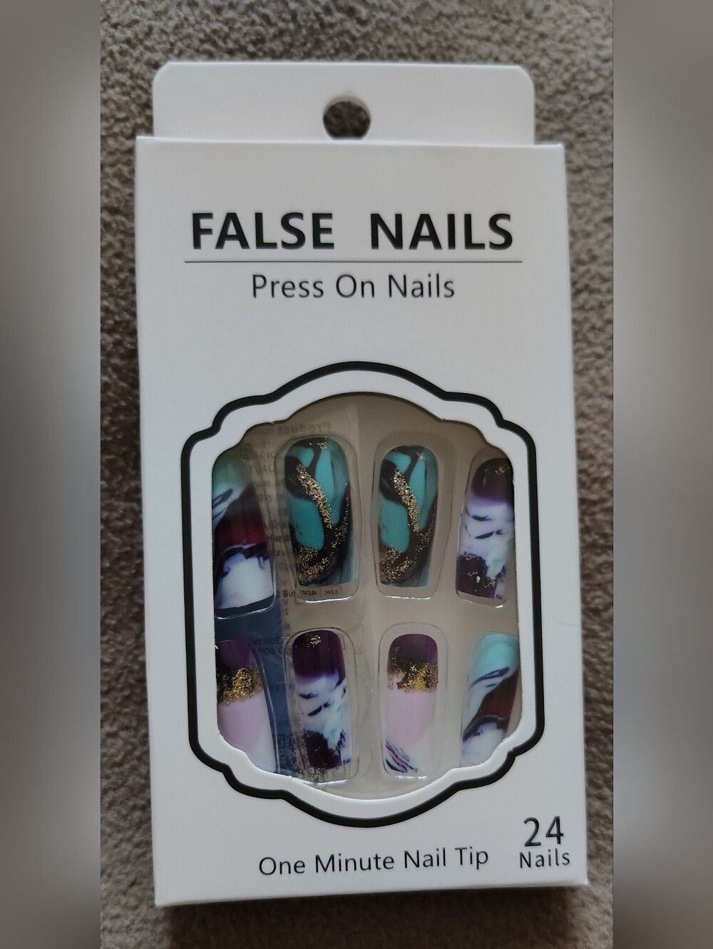 False Nails Press-On Turquoise Purple Marble with Gold Accents NEW